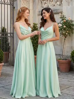 A-Line/Princess Cowl Neck Bridesmaid Dresses With Back Hole Silk Satin Sleeveless Floor-Length — view 1