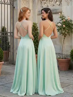 A-Line/Princess Cowl Neck Bridesmaid Dresses With Back Hole Silk Satin Sleeveless Floor-Length — view 2