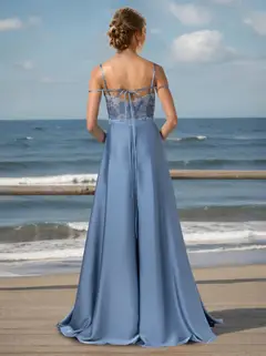 A-Line/Princess Spaghetti Straps Sleeveless Floor-Length Unique Bridesmaid Dresses with Split Side, Lace & Appliques — view 2