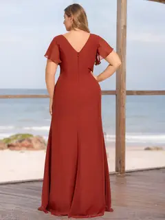 A-Line/Princess V-Neck Short Sleeves Plus Size Bridesmaid Dresses with Ruffles & Split Side — view 2