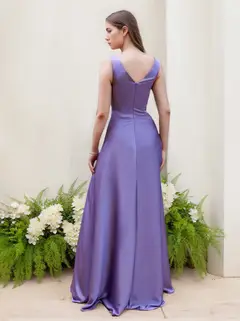 A-Line/Princess V-Neck Sleeveless Floor-Length Stretch Satin Bridesmaid Dresses with Ruffles — view 2