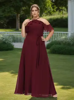 A Line/Princess Short Sleeves Floor-Length Plus Size Bridesmaid Dresses with Bowknot — view 1