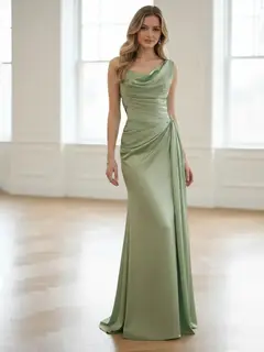Sheath/Column One-Shoulder Bridesmaid Dresses Silk Satin Sleeveless Ruched Floor-Length — view 1