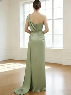 Sheath/Column One-Shoulder Bridesmaid Dresses Silk Satin Sleeveless Ruched Floor-Length — view 2