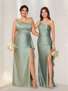 Sheath/Column One-Shoulder Sleeveless Floor-Length Silk Satin Bridesmaid Dresses with Split Side & Ruffles — view 1