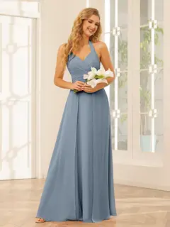 A-Line/Princess Halter Sleeveless Floor-Length Bridesmaid Dresses with Split Side — view 9