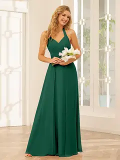A-Line/Princess Halter Sleeveless Floor-Length Bridesmaid Dresses with Split Side — view 12