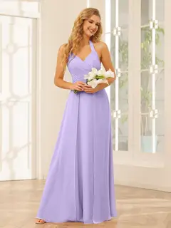 A-Line/Princess Halter Sleeveless Floor-Length Bridesmaid Dresses with Split Side — view 15