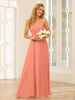 A-Line/Princess Halter Sleeveless Floor-Length Bridesmaid Dresses with Split Side — view 16