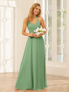 A-Line/Princess Halter Sleeveless Floor-Length Bridesmaid Dresses with Split Side — view 17
