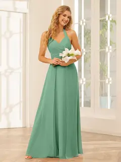 A-Line/Princess Halter Sleeveless Floor-Length Bridesmaid Dresses with Split Side — view 18
