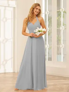 A-Line/Princess Halter Sleeveless Floor-Length Bridesmaid Dresses with Split Side — view 23