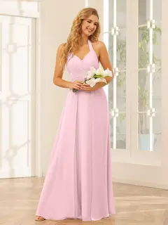 A-Line/Princess Halter Sleeveless Floor-Length Bridesmaid Dresses with Split Side — view 26