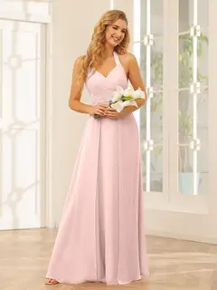 A-Line/Princess Halter Sleeveless Floor-Length Bridesmaid Dresses with Split Side — view 27