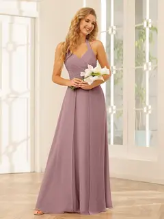 A-Line/Princess Halter Sleeveless Floor-Length Bridesmaid Dresses with Split Side — view 32