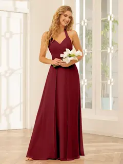 A-Line/Princess Halter Sleeveless Floor-Length Bridesmaid Dresses with Split Side — view 38