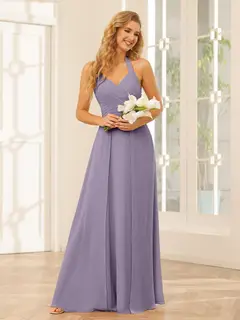 A-Line/Princess Halter Sleeveless Floor-Length Bridesmaid Dresses with Split Side — view 40