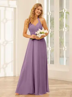 A-Line/Princess Halter Sleeveless Floor-Length Bridesmaid Dresses with Split Side — view 41