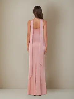 Sheath/Column Spaghetti Straps Sleeveless Floor-Length Ruched Silk Satin Bridesmaid Dresses with Neck Scarf & Split Side — view 2