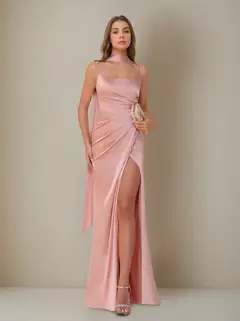 Sheath/Column Spaghetti Straps Sleeveless Floor-Length Ruched Silk Satin Bridesmaid Dresses with Neck Scarf & Split Side — view 3