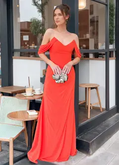 Sheath/Column Off-the-Shoulder Sleeveless Elegant Bridesmaid Dresses with Ruches — view 1