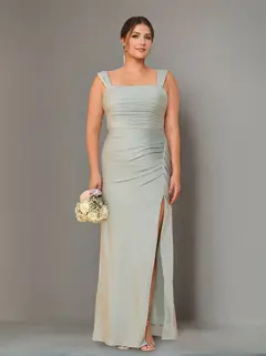 Sheath/Column Square Neck Sleeveless Floor-Length Plus Size Bridesmaid Dresses with Ruffles & Split Side — view 1