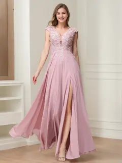 A-Line/Princess V-Neck Sleeveless Chiffon LongBridemaid Dresses With Applique Split Side — view 1