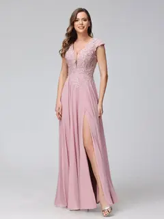 A-Line/Princess V-Neck Sleeveless Chiffon LongBridemaid Dresses With Applique Split Side — view 3