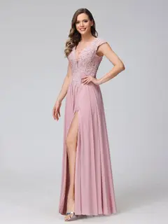 A-Line/Princess V-Neck Sleeveless Chiffon LongBridemaid Dresses With Applique Split Side — view 4
