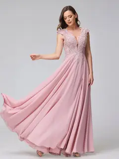A-Line/Princess V-Neck Sleeveless Chiffon LongBridemaid Dresses With Applique Split Side — view 5
