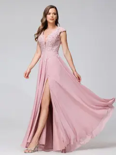 A-Line/Princess V-Neck Sleeveless Chiffon LongBridemaid Dresses With Applique Split Side — view 6