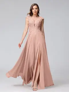 A-Line/Princess V-Neck Sleeveless Chiffon LongBridemaid Dresses With Applique Split Side — view 7