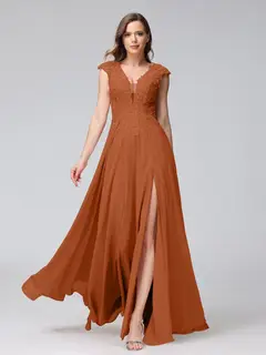 A-Line/Princess V-Neck Sleeveless Chiffon LongBridemaid Dresses With Applique Split Side — view 9