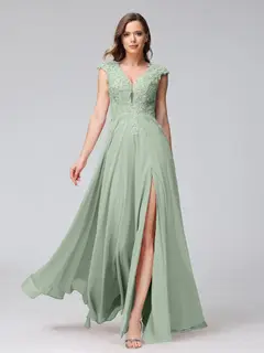 A-Line/Princess V-Neck Sleeveless Chiffon LongBridemaid Dresses With Applique Split Side — view 10