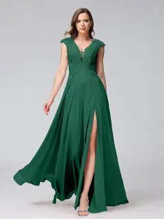 A-Line/Princess V-Neck Sleeveless Chiffon LongBridemaid Dresses With Applique Split Side — view 11