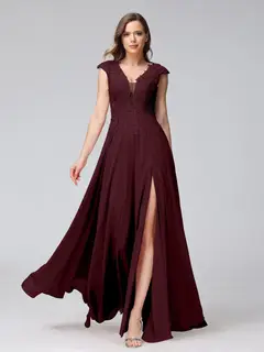 A-Line/Princess V-Neck Sleeveless Chiffon LongBridemaid Dresses With Applique Split Side — view 12