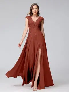 A-Line/Princess V-Neck Sleeveless Chiffon LongBridemaid Dresses With Applique Split Side — view 13