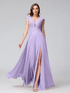 A-Line/Princess V-Neck Sleeveless Chiffon LongBridemaid Dresses With Applique Split Side — view 14