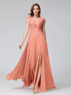 A-Line/Princess V-Neck Sleeveless Chiffon LongBridemaid Dresses With Applique Split Side — view 15