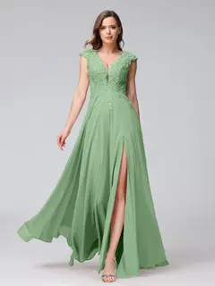 A-Line/Princess V-Neck Sleeveless Chiffon LongBridemaid Dresses With Applique Split Side — view 16