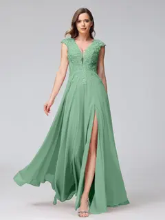 A-Line/Princess V-Neck Sleeveless Chiffon LongBridemaid Dresses With Applique Split Side — view 17