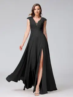 A-Line/Princess V-Neck Sleeveless Chiffon LongBridemaid Dresses With Applique Split Side — view 18