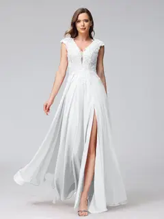 A-Line/Princess V-Neck Sleeveless Chiffon LongBridemaid Dresses With Applique Split Side — view 19