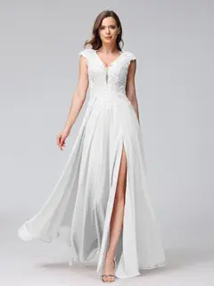 A-Line/Princess V-Neck Sleeveless Chiffon LongBridemaid Dresses With Applique Split Side — view 20