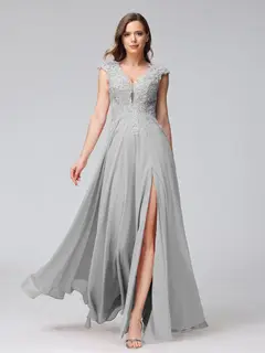 A-Line/Princess V-Neck Sleeveless Chiffon LongBridemaid Dresses With Applique Split Side — view 22