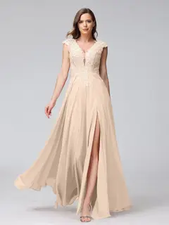 A-Line/Princess V-Neck Sleeveless Chiffon LongBridemaid Dresses With Applique Split Side — view 23