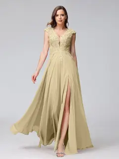 A-Line/Princess V-Neck Sleeveless Chiffon LongBridemaid Dresses With Applique Split Side — view 24