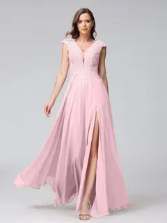A-Line/Princess V-Neck Sleeveless Chiffon LongBridemaid Dresses With Applique Split Side — view 25