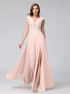 A-Line/Princess V-Neck Sleeveless Chiffon LongBridemaid Dresses With Applique Split Side — view 27