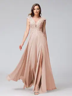 A-Line/Princess V-Neck Sleeveless Chiffon LongBridemaid Dresses With Applique Split Side — view 28